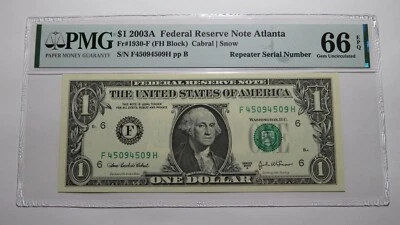 $1 2003A Repeater Serial Number Federal Reserve Currency Bank Note Bill UNC66EPQ - Image 1 of 3