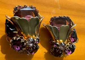 Vtg Alice Caviness Hobe Clip Earrings Purple Amethyst Flower Drop Clip - Picture 1 of 17