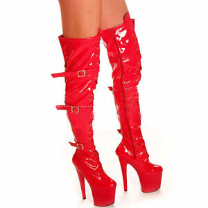 Women Buckle Strap Patent Leather Platform Shoes Stiletto Heels Thigh High Boots