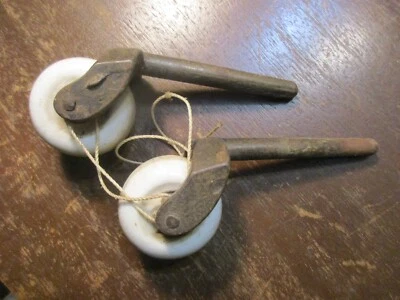 ANTIQUE 2) FURNITURE WHITE PORCELAIN SWIVEL CAST IRON CASTERS WHEEL ROLLERS 5" - Image 1 of 4
