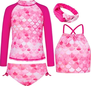 GRACE KARIN Girls 4-Piece Tankini Rash Guard Swimsuit Set Size 10Y – Rose Red Me - Picture 1 of 6
