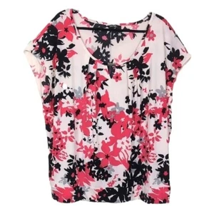 George Floral Top Womens Plus Size 4X Coral Floral Short Sleeve Keyhole Blouse - Picture 1 of 9