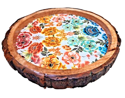 Wooden Serving Platter Tray Round Wood Resin Flower Design Vanity Tray 11'' Inch - Image 1 of 4
