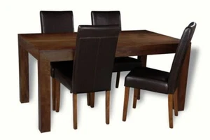 SOLID MANGO WOOD 160CM DINING TABLE & 4 LEATHER CHAIRS NEW INDIAN FURNITURE - Picture 1 of 2