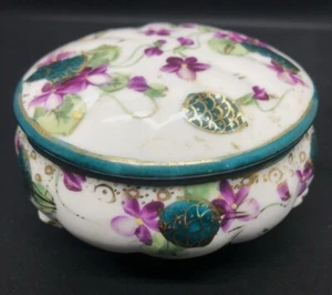 Nippon porcelain lidded footed round trinket dish green white purple gold accent - Picture 1 of 10