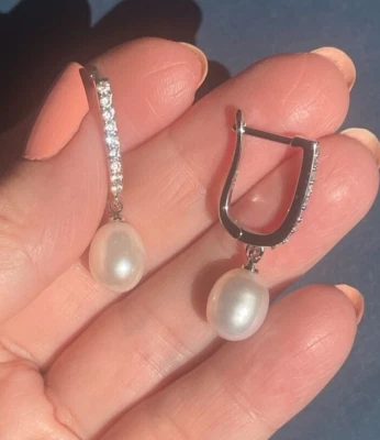 Natural Pearl Earrings, Silver Freshwater Pearl Shiny Simulated Diamond Earrings - Image 1 of 4