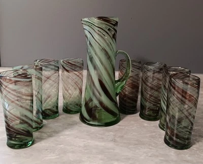 Blown Glass Swirl Pitcher with Square Top & 8 Drinking Glasses Vintage - Image 1 of 4