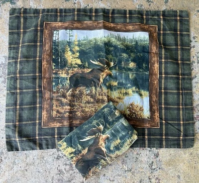 Vintage Pillow Sham Set of 2 Green Plaid Screen Print Moose Cabin Lodge Hunting - Image 1 of 4