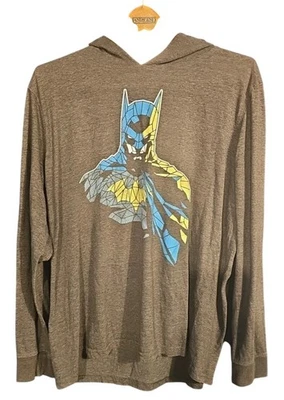 Batman Shirt Mens Medium Gray Blue Yellow Hooded Long Sleeve DC Comics Graphic - Image 1 of 3