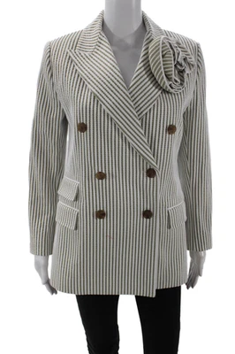 Carolina Herrera Womens Double Breasted Striped Blazer Jacket White Brown XS - Image 1 of 4