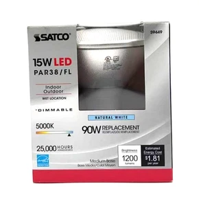 2 PACK SATCO S9449 15W LED PAR38 1200 Lumen INDOOR OUTDOOR Flood Lights 5000k - Picture 1 of 4