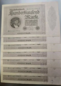 (7) 1923 German 100,000 Mark Notes Sequential - Picture 1 of 3
