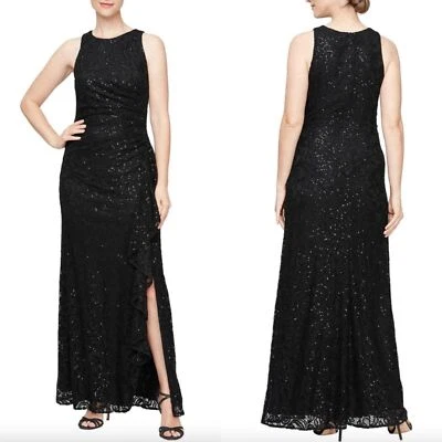 NEW ALEX EVENINGS Black SEQUIN LACE Cascading Ruffle RUCHED Slit EVENING GOWN - Image 1 of 4