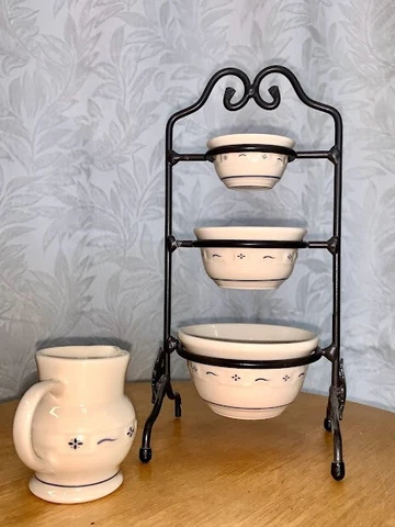 Longaberger Miniature Classic Blue Woven Mixing Bowls W/ Stand + Mini Pitcher Cover