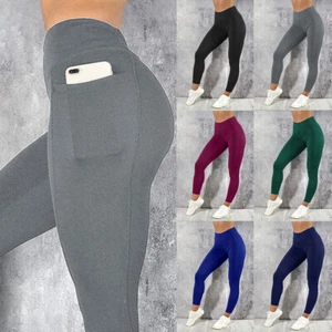 Women Slim Leggings Pockets Sports Gym Cropped Stretch Yoga Capri Pants Bottom - Picture 1 of 27