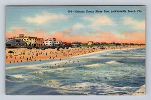 Jacksonville Beach FL-Florida, Atlantic Shore, Busy Beach Scene Vintage Postcard - Picture 1 of 2