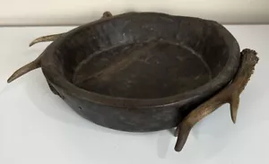 Old Antique Primitive Wooden Bowl Hand Carved Woodenware Gold Pan Antler Bone - Picture 1 of 7