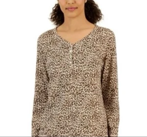 Charter Club Super Soft Knit Henley Pajamas Top Natural Leopard Size XS - Picture 1 of 9