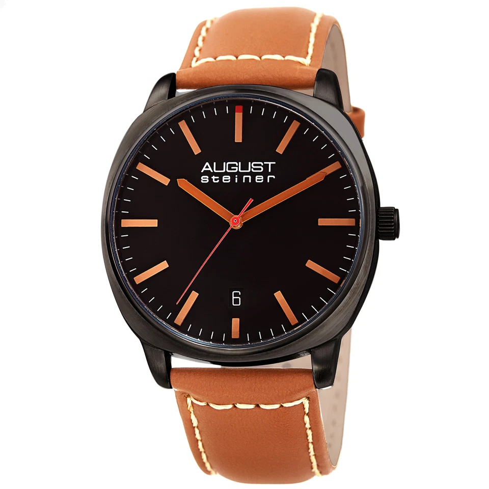 Men's August Steiner AS8245BKBR Quartz Black Tan  Stiched Leather Strap Watch - Image 1 of 4