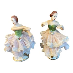 Vintage 3" Porcelain Lace Dresden Ballerina Figurines Set Of 2 Small - Picture 1 of 8