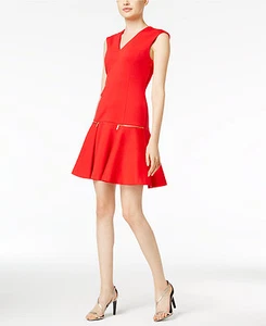 NWT $125 MICHAEL KORS Zip-Pocket Fit & Flare Ponte Dress Red - Picture 1 of 2