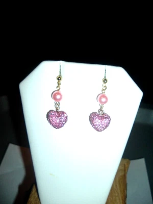 DANGLING PINK CRYSTAL+ PINK PEARL 3D PUFFY HEART Betsey Johnson Pierced EARRINGS - Image 1 of 4