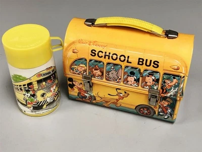 1960s WALT DISNEY SCHOOL BUS DOME LUNCHBOX SUPER NICE CONDITION w THERMOS WOW - Image 1 of 4