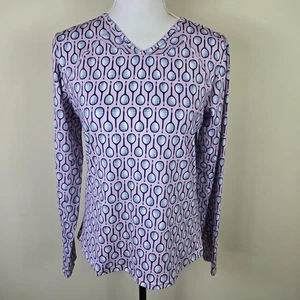 SanSoleil Shirt Womens Medium Pink Tennis Racquet Print Golf Long Sleeve UPF 50 - Picture 1 of 14