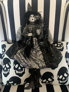 Sitting Witch Goth Victorian Black And White Witch 24” Witch Decor Halloween - Picture 1 of 10
