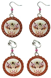 Cute Highland Cow Bottle Cap Pierced or Clip on Dangle Earrings (CAP031) - Picture 1 of 3