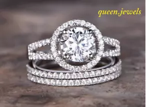 2.31CT Round Lab-Created Diamond Split Shank Halo Trio Set 14K White Gold Finish - Picture 1 of 7