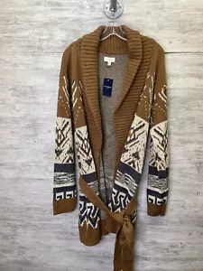 Lucky Brand Strickjacke Pullover Damen L braun offen Gürtel Azteken Strick Schalkragen - Bild 1 von 12