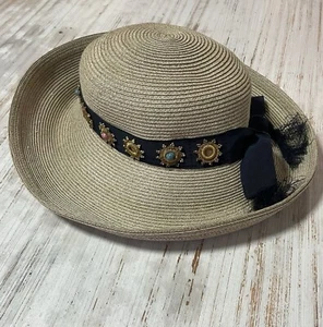 Eric Javits Fedora Sun Hat Squishee Straw Up Brim Packable Lightweight Beaded - Picture 1 of 17