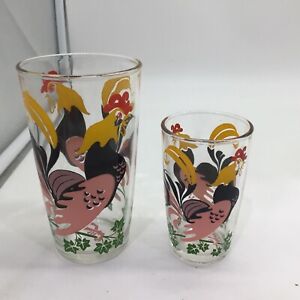2 Vintage MCM Pink Rooster Drinking Glasses 5.25 x 2.75” & 3.5 x 2.25”