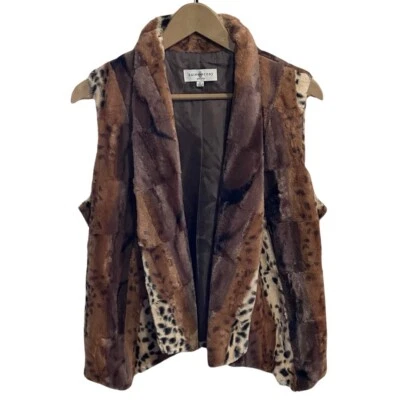 Kate & Rosy Faux Fur Vest Size Petite Large Mixed Brown Open Drape Front Lined - Image 1 of 4