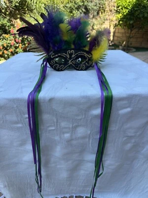 Mardi Gras MasqueradeMask-Handmade Feathers Glitter & 30” Ribbons Party Costume - Image 1 of 4