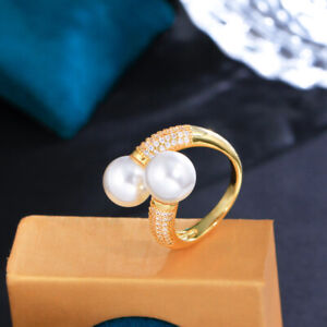 Luxury Adjustable Yellow Gold Plated CZ Double Pearl Finger Ring for Women Party