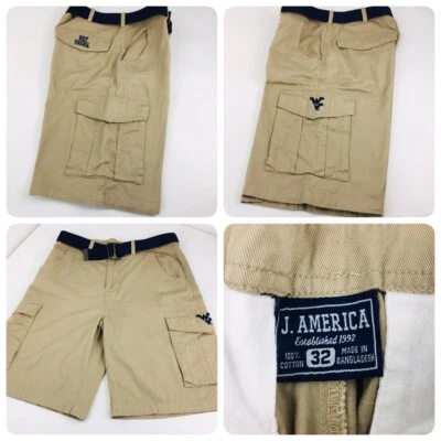 J America Sportwear Mens Sz 32 Shorts West Virginia, WV Embroidery Belt Beige  - Image 1 of 4