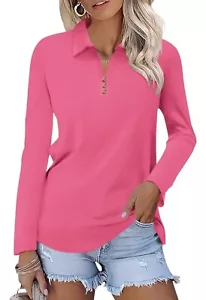 Women's Polo Top 1/4 Button up V-Neck Long Sleeve Blouse Casual Tunics XL Pink - Picture 1 of 6