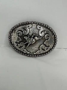 Nocona Silver Scroll & Bull Rider Oval Belt Buckle - Picture 1 of 7