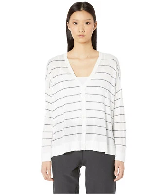 Cárdigan Suéter Eileen Fisher Blanco Rayas Tencel Elastizado Ligero Cuadrado L Foto 1 de 4