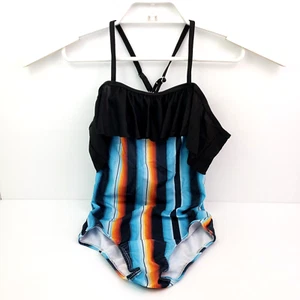 Double K Boutique Girls Size 7T-8T Black Blue Striped 1 Piece Bathing Swim Suit - Picture 1 of 5