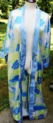 Oscar De La Renta Pink Label Kimono Style Blue Green Floral Satin Robe Womens XL - Image 1 of 4