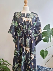 Indian Handmade Black Forest Cotton Caftan Printed Kaftan Beach Night Dresses AU - Picture 1 of 4
