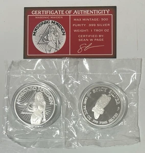 STL Mint Picante Plata Doncella Masónica 1 OZ Plata .999 Redonda con Certificado de Autenticidad 500 Hecho - Imagen 1 de 5