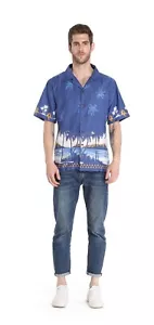 Camisa Aloha hawaiana con resaca para hombre en cabeza de diamante palmas playa en azul marino - Imagen 1 de 7