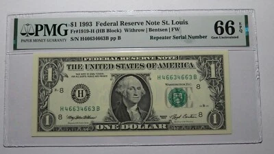 $1 1993 Repeater Serial Number Federal Reserve Currency Bank Note Bill PMG UNC66 - Image 1 of 3