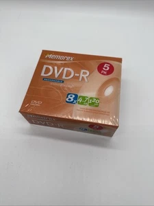 Memorex 5 Pack DVD-R With Cases 8X 4.7GB Media Recordable 120 Min. - New Sealed - Picture 1 of 2