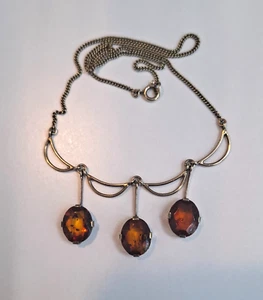 Vintage Halskette Collier Silber 925 vergoldet 3 x ovalen Bernstein ca. 42 cm - Bild 1 von 14