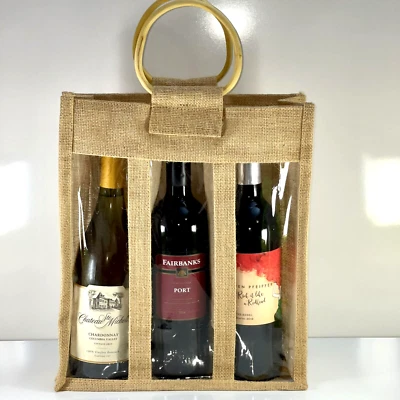 VINO-SACK Bolsa de Presente Transportadora de Vinho de Juta com Janela Suporta Três Garrafas 4 Bolsos Reutilização - Imagem 1 de 4